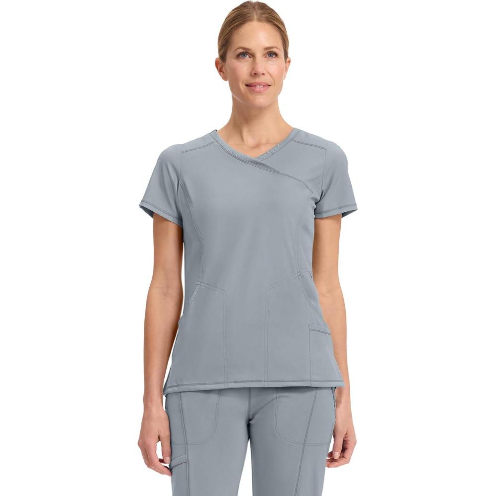 imageCherokee Infinity Womens Mock Wrap Scrub Top 4 Pockets RibKnit Panel MoistureWicking 360 Stretch 2625AGrey