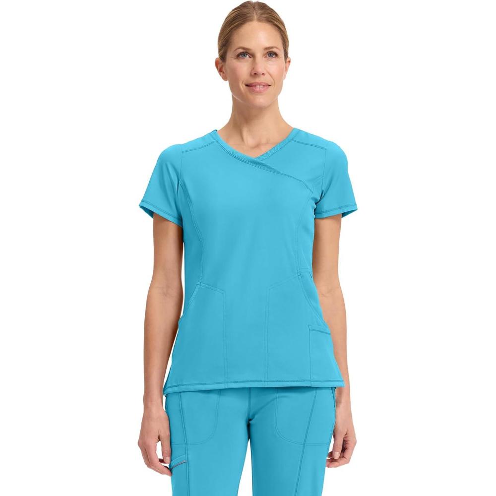 imageCherokee Infinity Womens Mock Wrap Scrub Top 4 Pockets RibKnit Panel MoistureWicking 360 Stretch 2625ATurquoise