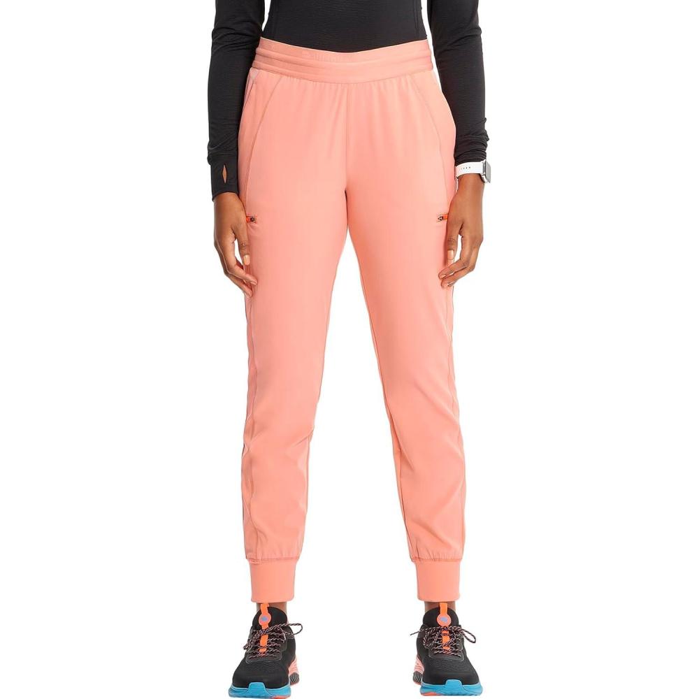imageCherokee Infinity Womens PullOn Scrub Jogger Pants Mid Rise Bottoms 4 Pockets Elastic Waist Interior Drawstring IN122AElectric Coral