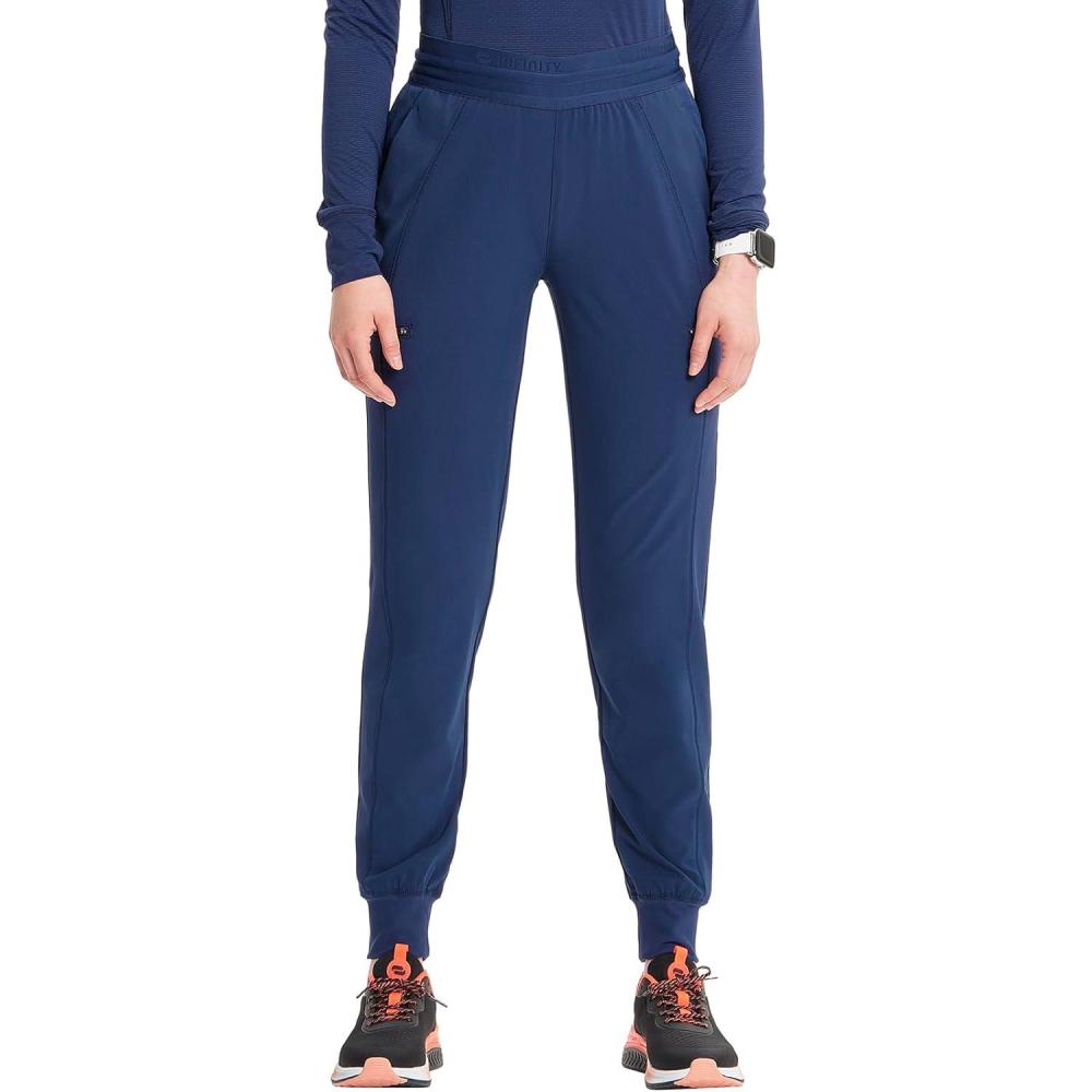imageCherokee Infinity Womens PullOn Scrub Jogger Pants Mid Rise Bottoms 4 Pockets Elastic Waist Interior Drawstring IN122ANavy