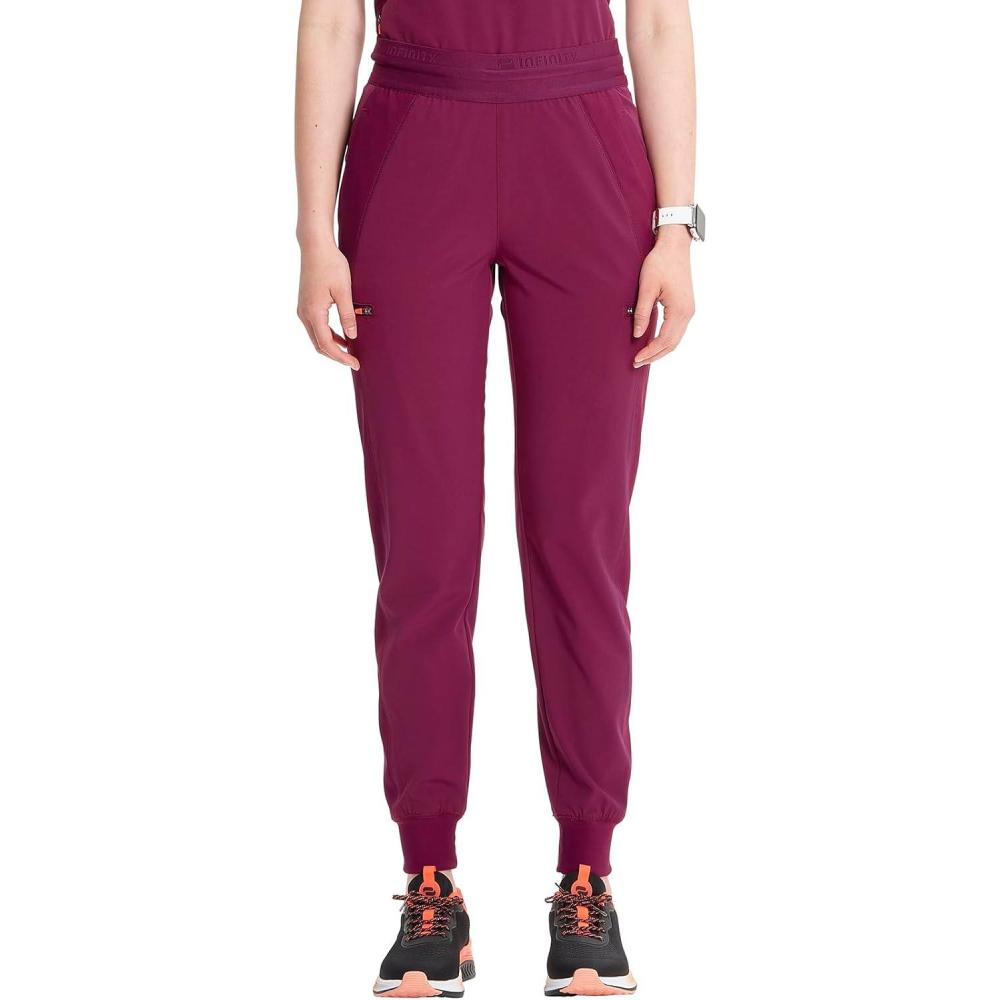 imageCherokee Infinity Womens PullOn Scrub Jogger Pants Mid Rise Bottoms 4 Pockets Elastic Waist Interior Drawstring IN122AWine