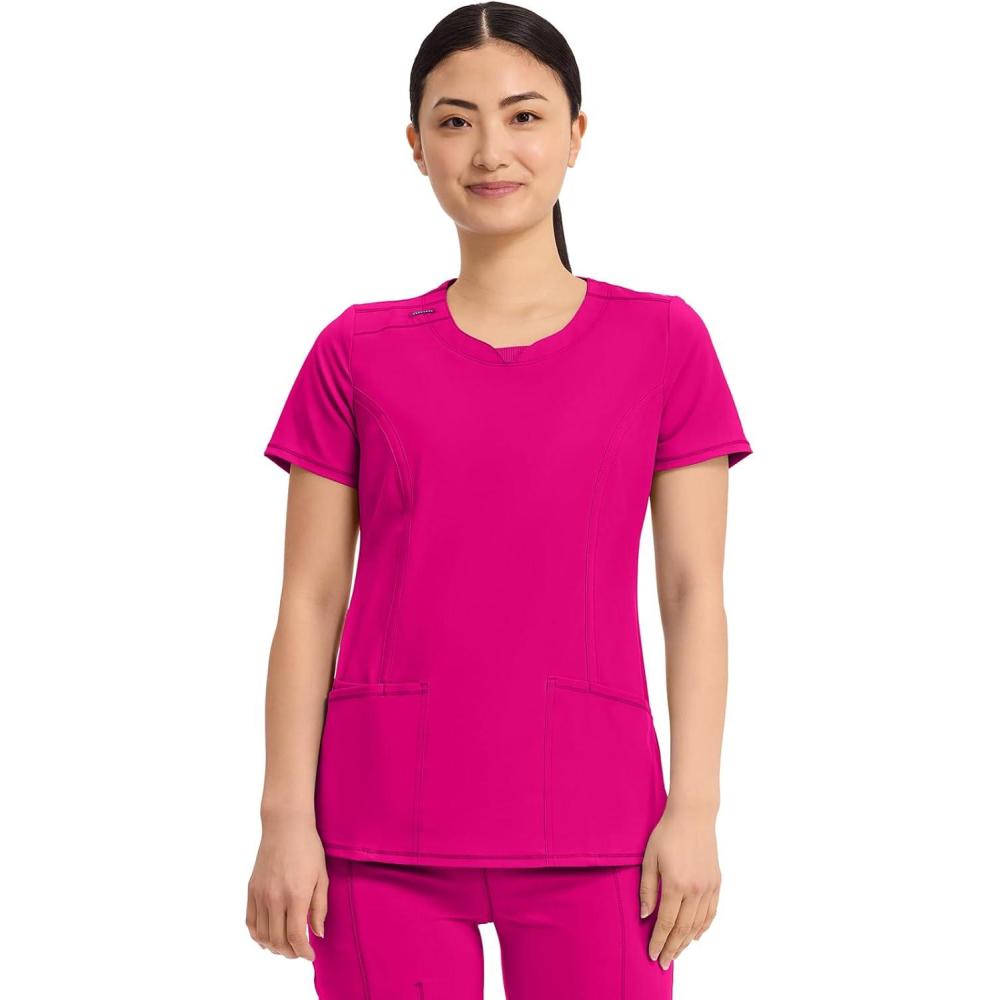 imageCherokee Infinity Womens Round Neck Scrub Top Contemporary Fit 3 Pockets RibKnit Panels 360 Stretch 2624ACarmine Pink