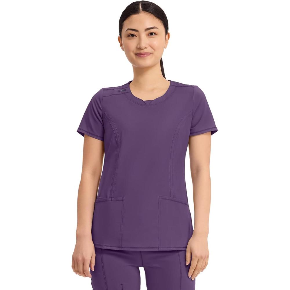 imageCherokee Infinity Womens Round Neck Scrub Top Contemporary Fit 3 Pockets RibKnit Panels 360 Stretch 2624AEggplant