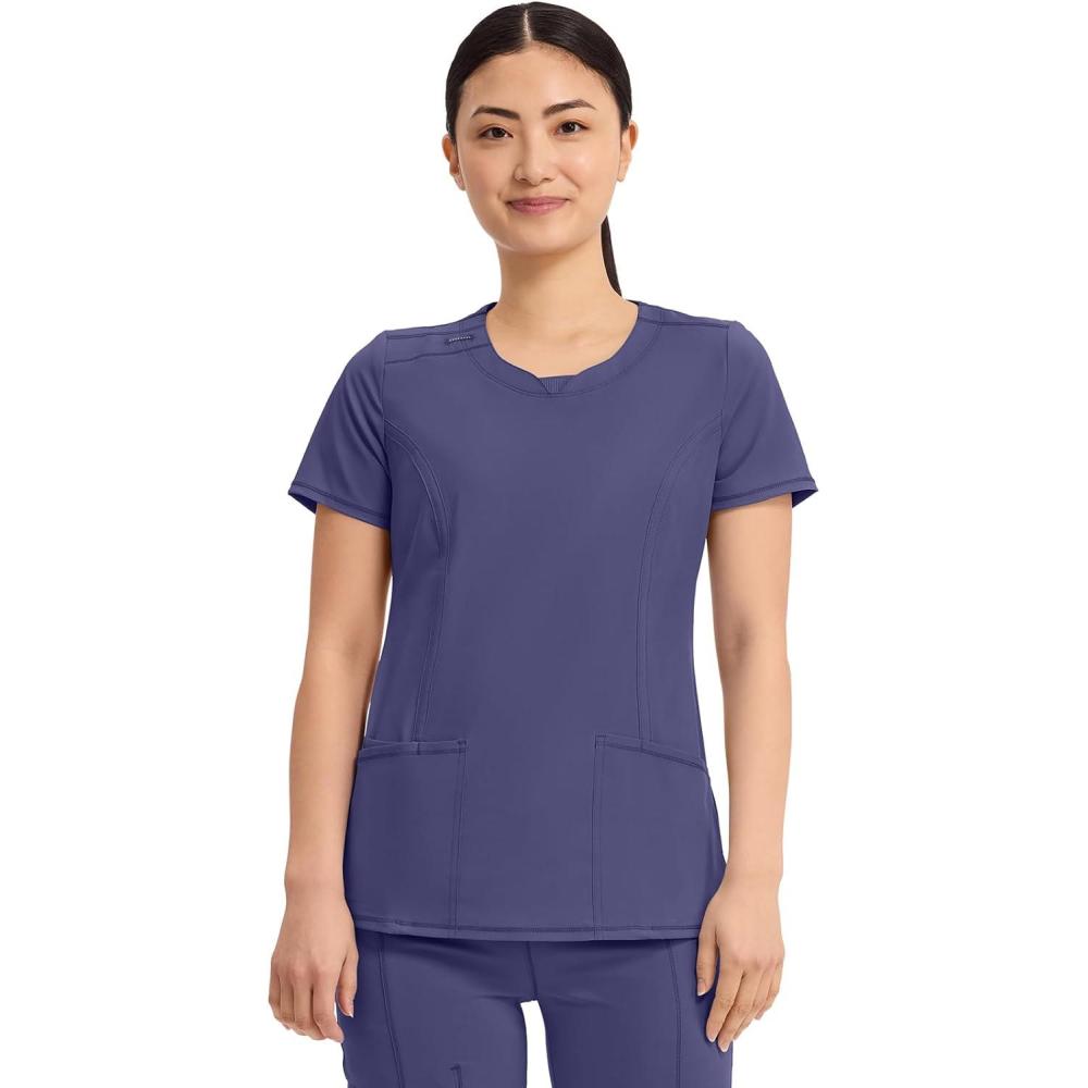 imageCherokee Infinity Womens Round Neck Scrub Top Contemporary Fit 3 Pockets RibKnit Panels 360 Stretch 2624AGrape