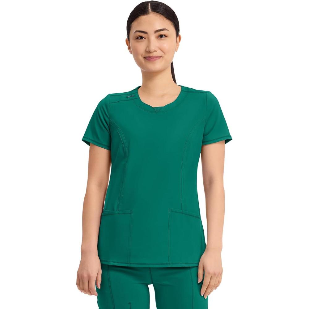 imageCherokee Infinity Womens Round Neck Scrub Top Contemporary Fit 3 Pockets RibKnit Panels 360 Stretch 2624AHunter Green