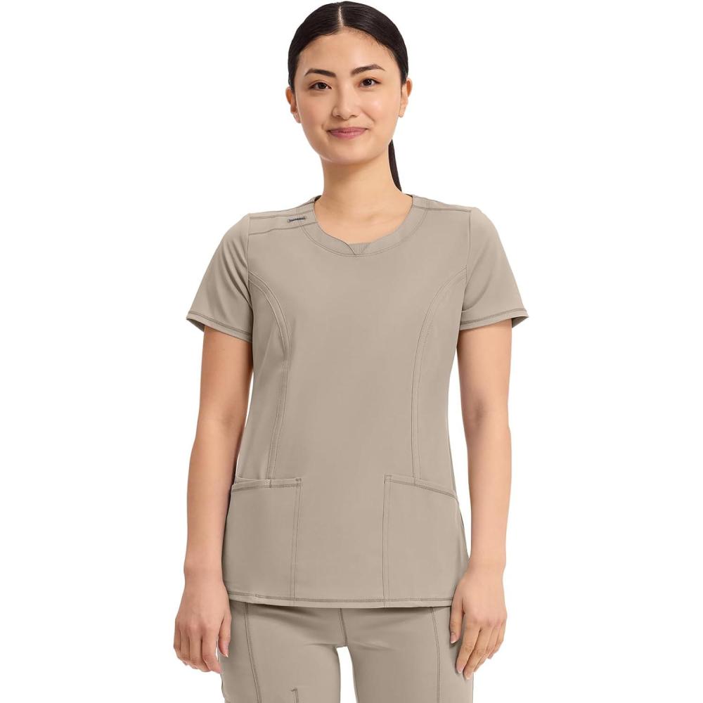 imageCherokee Infinity Womens Round Neck Scrub Top Contemporary Fit 3 Pockets RibKnit Panels 360 Stretch 2624AKhaki