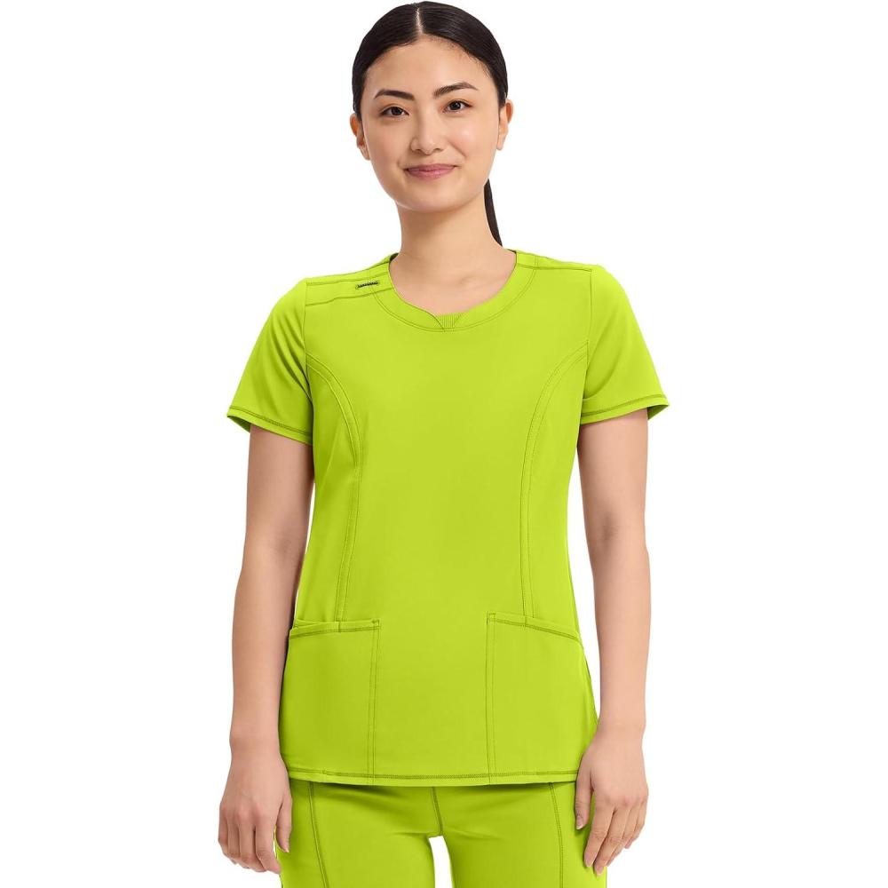 imageCherokee Infinity Womens Round Neck Scrub Top Contemporary Fit 3 Pockets RibKnit Panels 360 Stretch 2624ALime Time