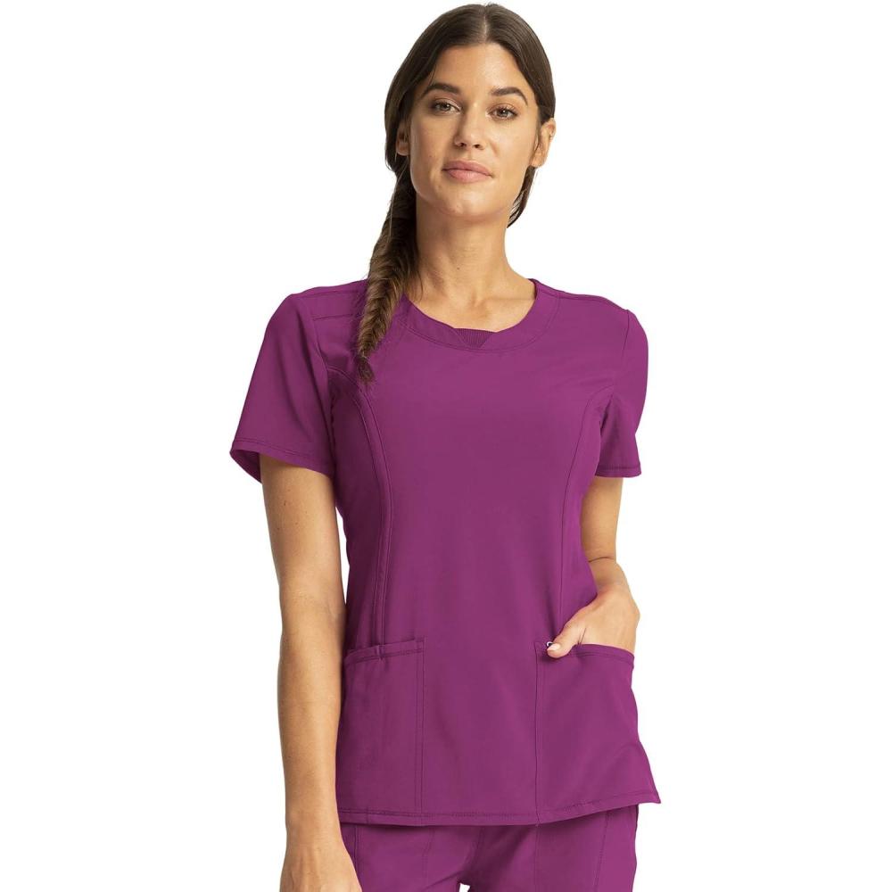 imageCherokee Infinity Womens Round Neck Scrub Top Contemporary Fit 3 Pockets RibKnit Panels 360 Stretch 2624AOrchid Flower