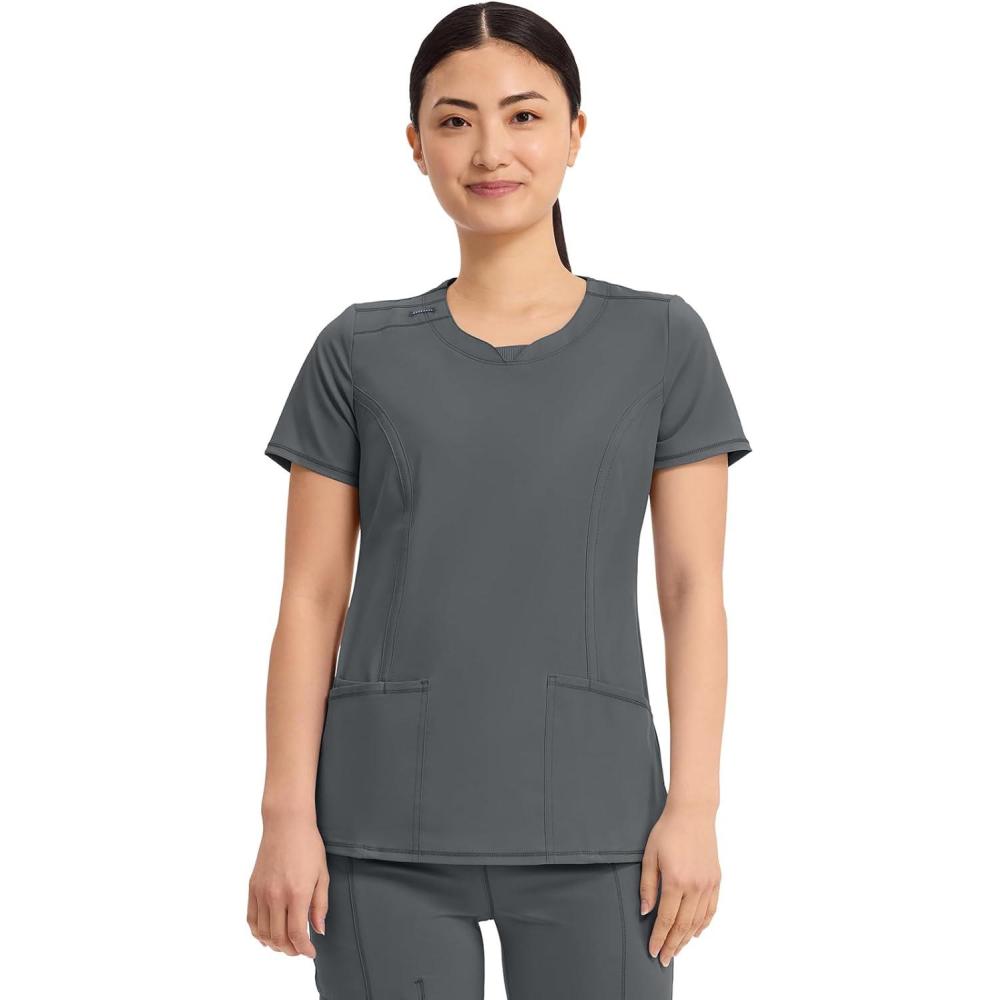 imageCherokee Infinity Womens Round Neck Scrub Top Contemporary Fit 3 Pockets RibKnit Panels 360 Stretch 2624APewter