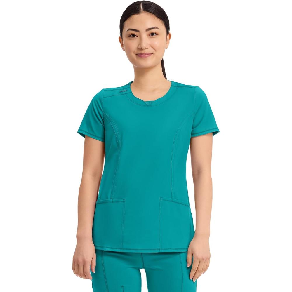 imageCherokee Infinity Womens Round Neck Scrub Top Contemporary Fit 3 Pockets RibKnit Panels 360 Stretch 2624ATeal Blue
