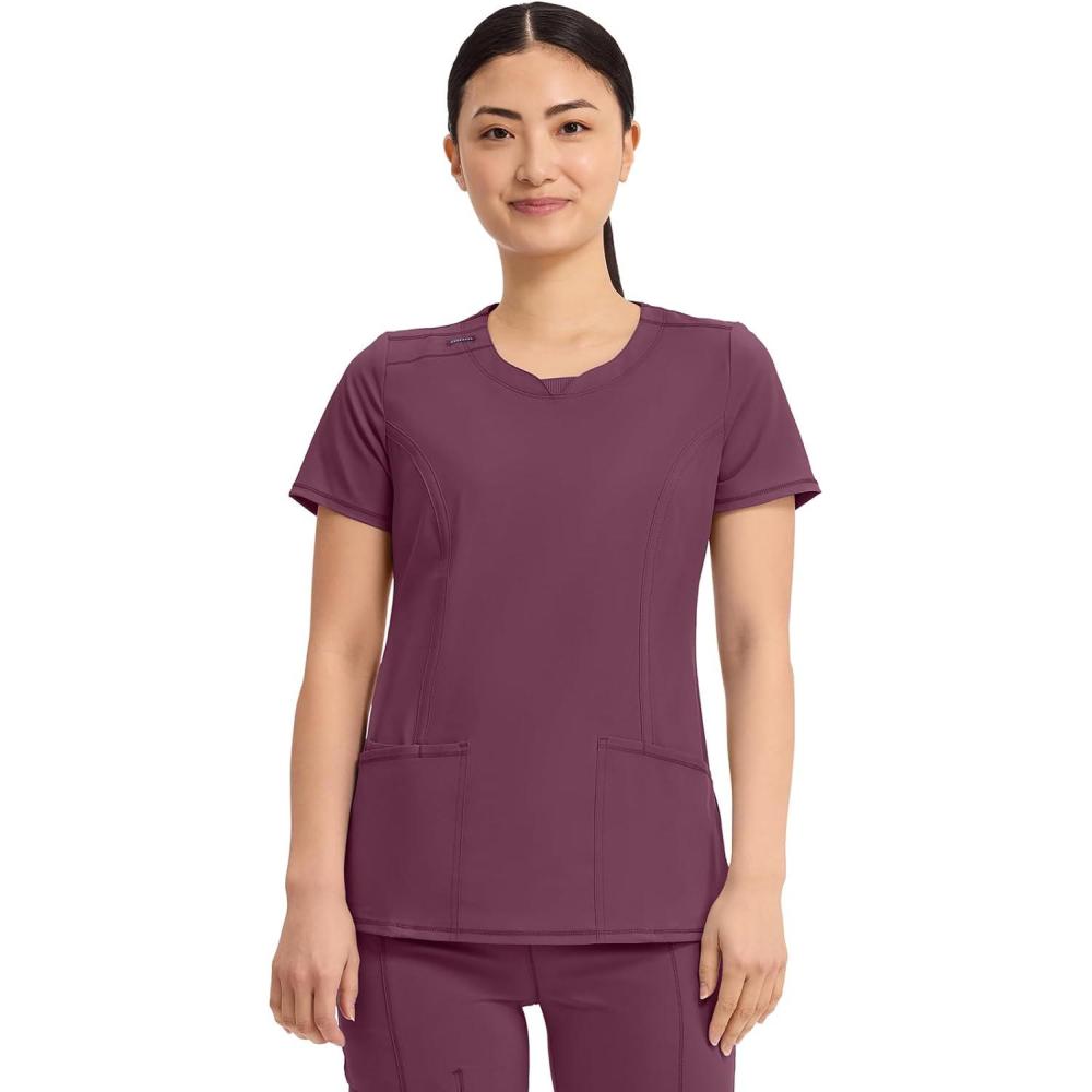 imageCherokee Infinity Womens Round Neck Scrub Top Contemporary Fit 3 Pockets RibKnit Panels 360 Stretch 2624AWine