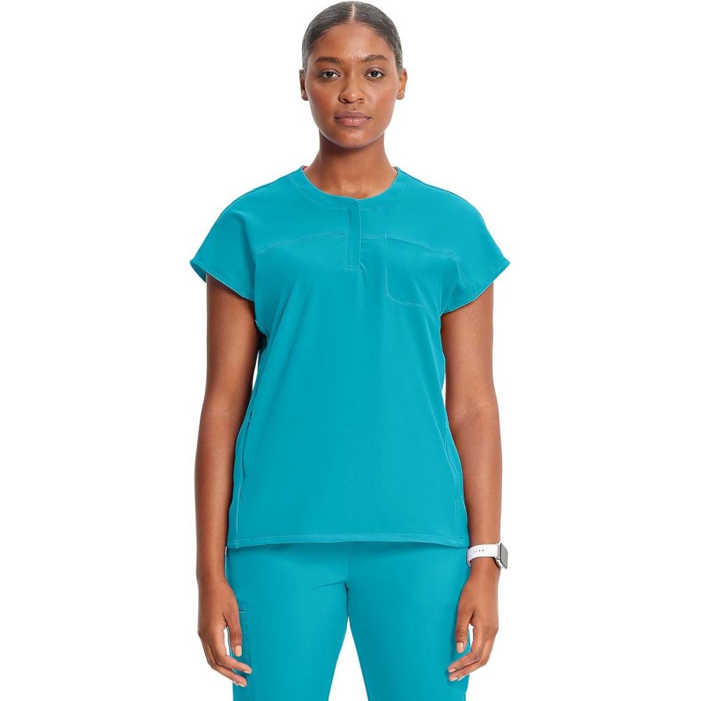 imageCherokee Infinity Womens Round Neck Scrub Top Partial Zip Covered Placket 3 Zip Pockets PROTX2 Technology IN622AAquaturque