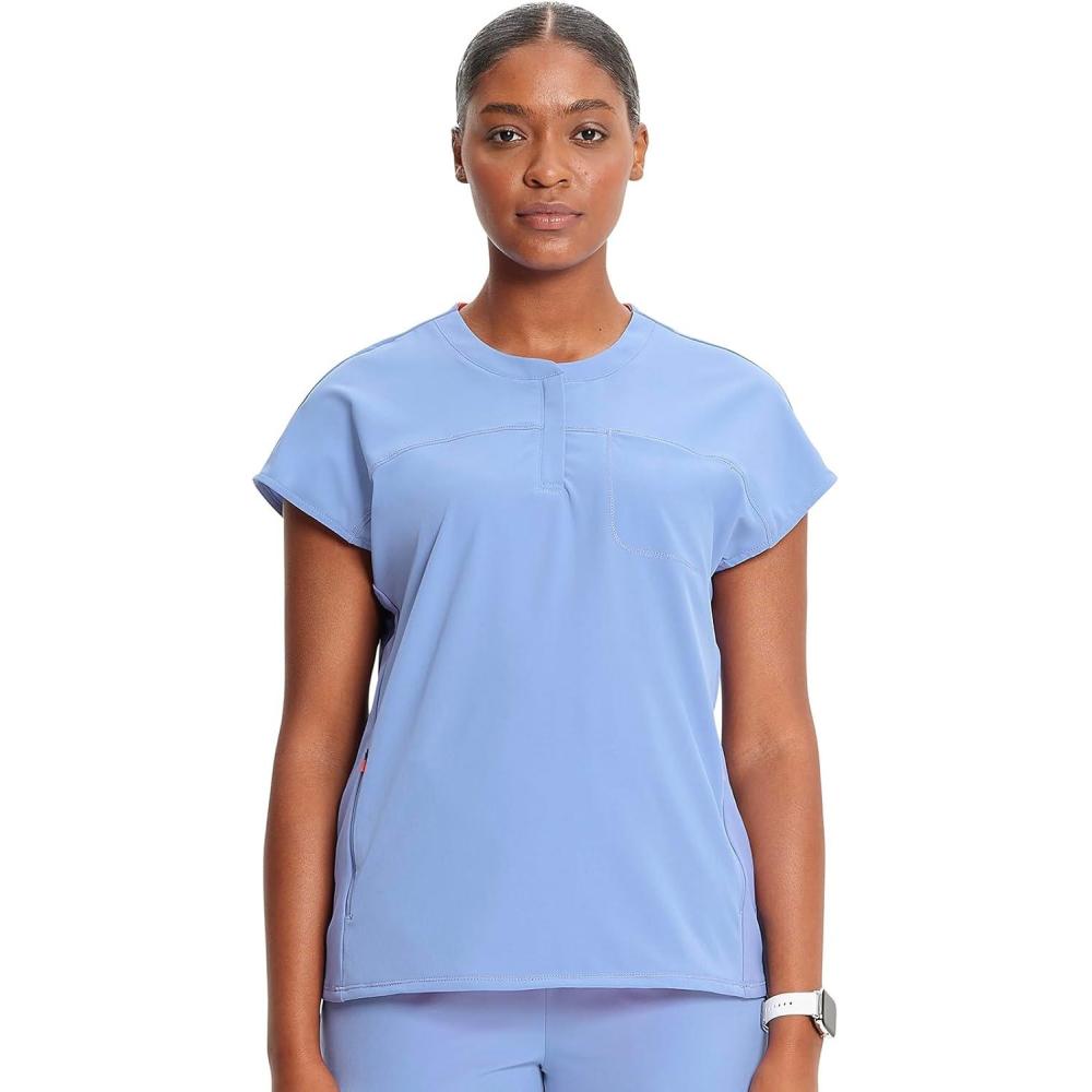 imageCherokee Infinity Womens Round Neck Scrub Top Partial Zip Covered Placket 3 Zip Pockets PROTX2 Technology IN622ACiel