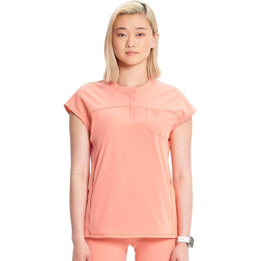 imageCherokee Infinity Womens Round Neck Scrub Top Partial Zip Covered Placket 3 Zip Pockets PROTX2 Technology IN622AElectric Coral