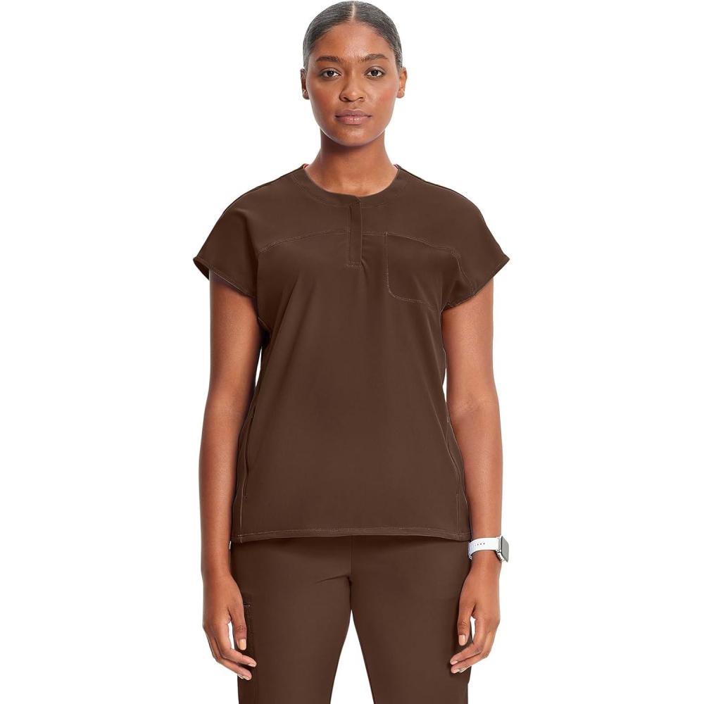 imageCherokee Infinity Womens Round Neck Scrub Top Partial Zip Covered Placket 3 Zip Pockets PROTX2 Technology IN622AEspresso Express