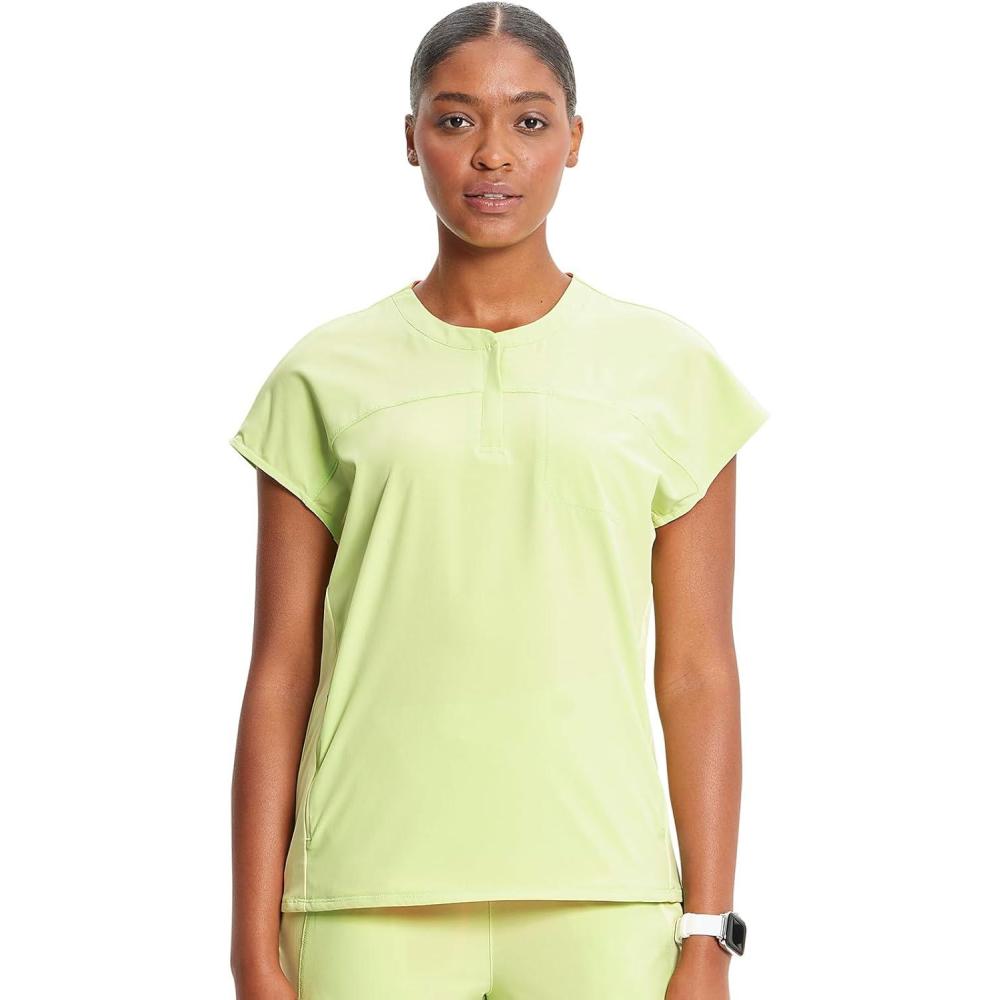 imageCherokee Infinity Womens Round Neck Scrub Top Partial Zip Covered Placket 3 Zip Pockets PROTX2 Technology IN622AGreen Energy