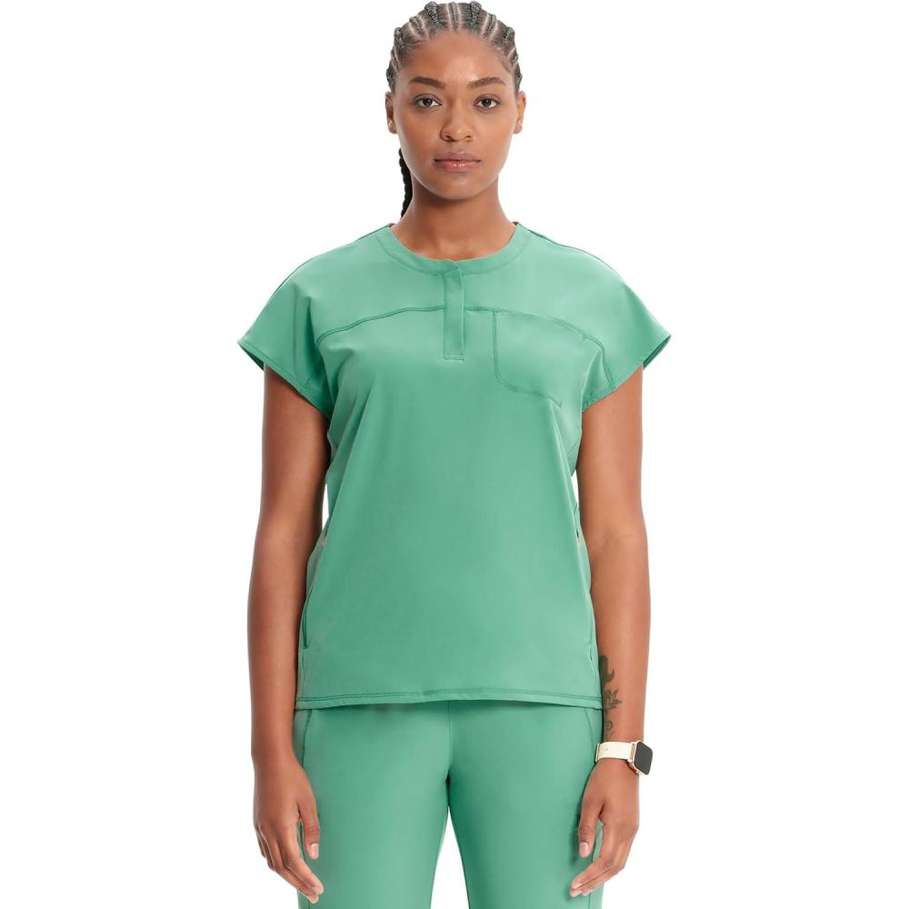 imageCherokee Infinity Womens Round Neck Scrub Top Partial Zip Covered Placket 3 Zip Pockets PROTX2 Technology IN622AMatcha Latte