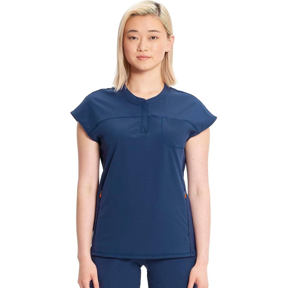 imageCherokee Infinity Womens Round Neck Scrub Top Partial Zip Covered Placket 3 Zip Pockets PROTX2 Technology IN622ANavy