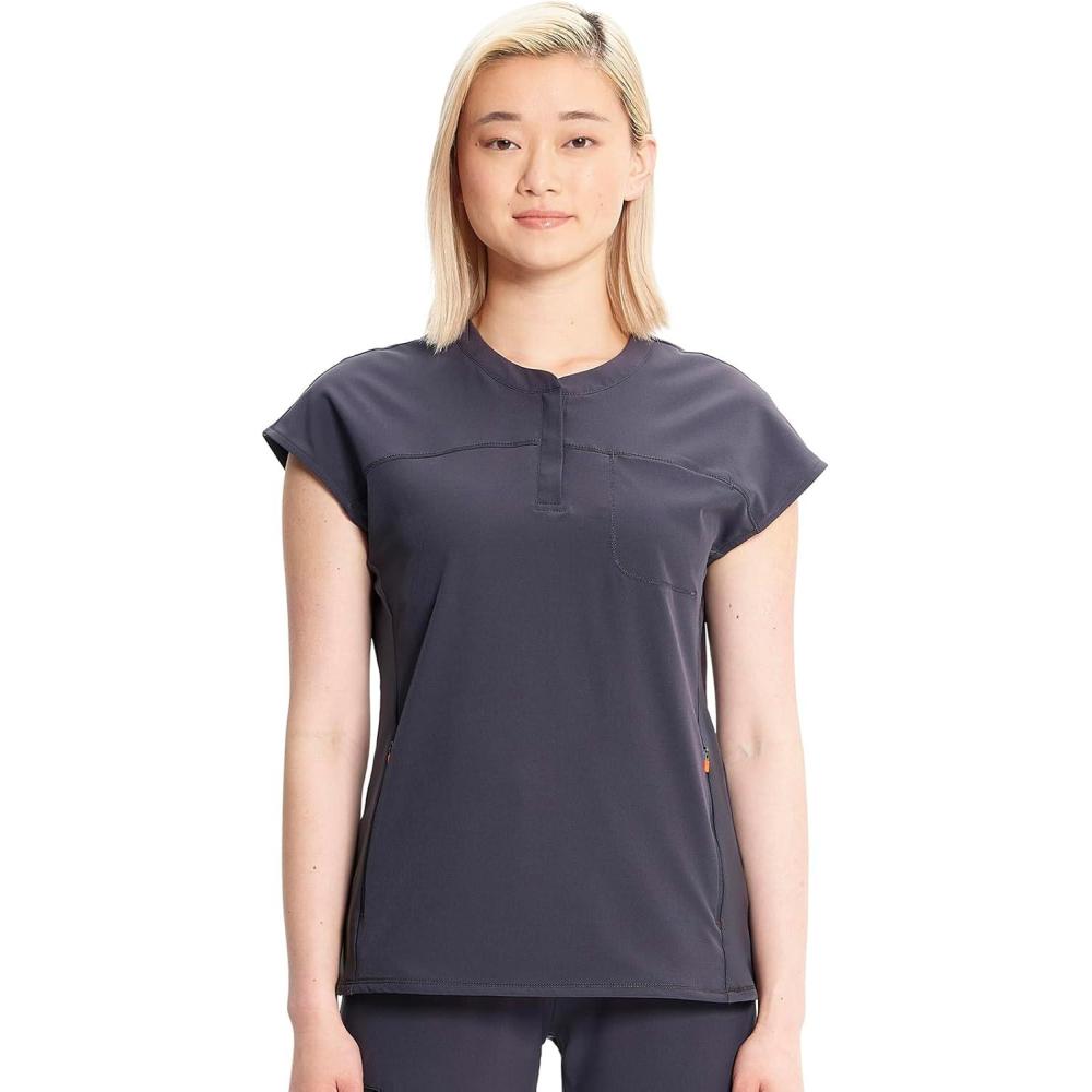 imageCherokee Infinity Womens Round Neck Scrub Top Partial Zip Covered Placket 3 Zip Pockets PROTX2 Technology IN622APewter