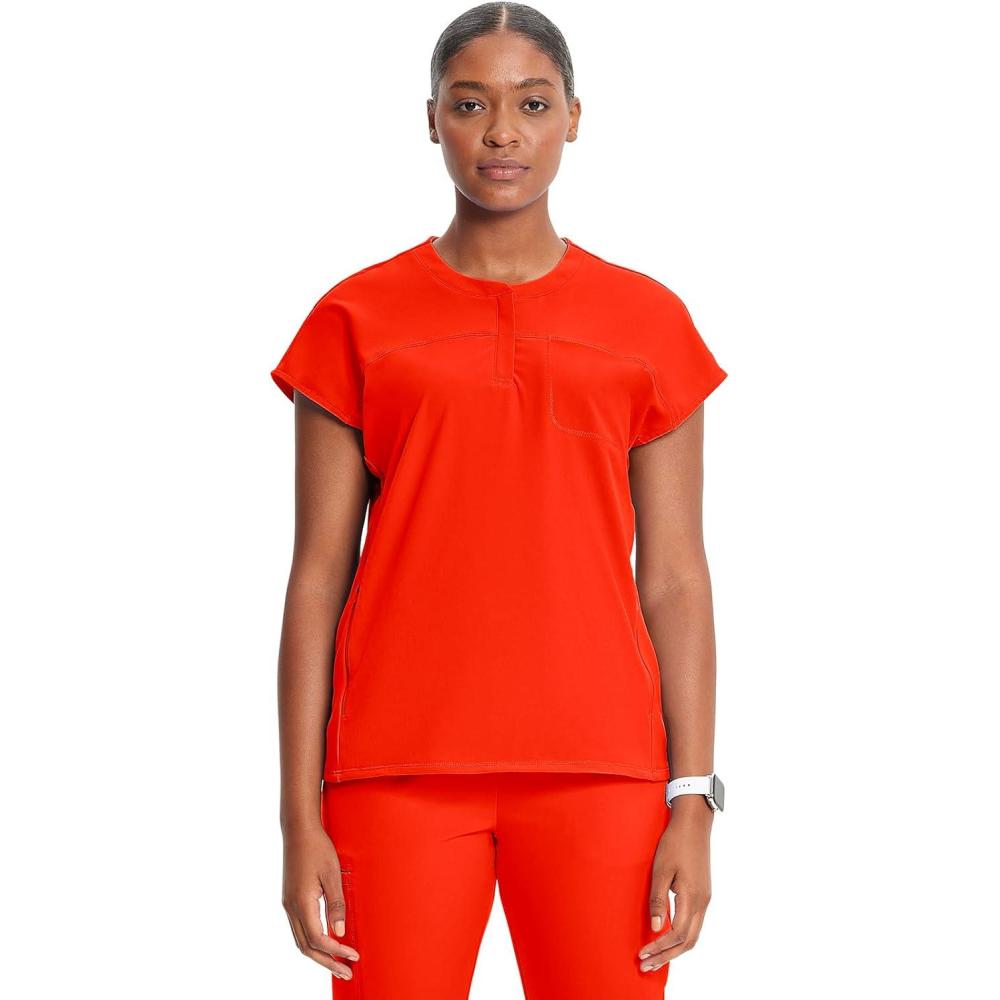 imageCherokee Infinity Womens Round Neck Scrub Top Partial Zip Covered Placket 3 Zip Pockets PROTX2 Technology IN622AVivid Orange