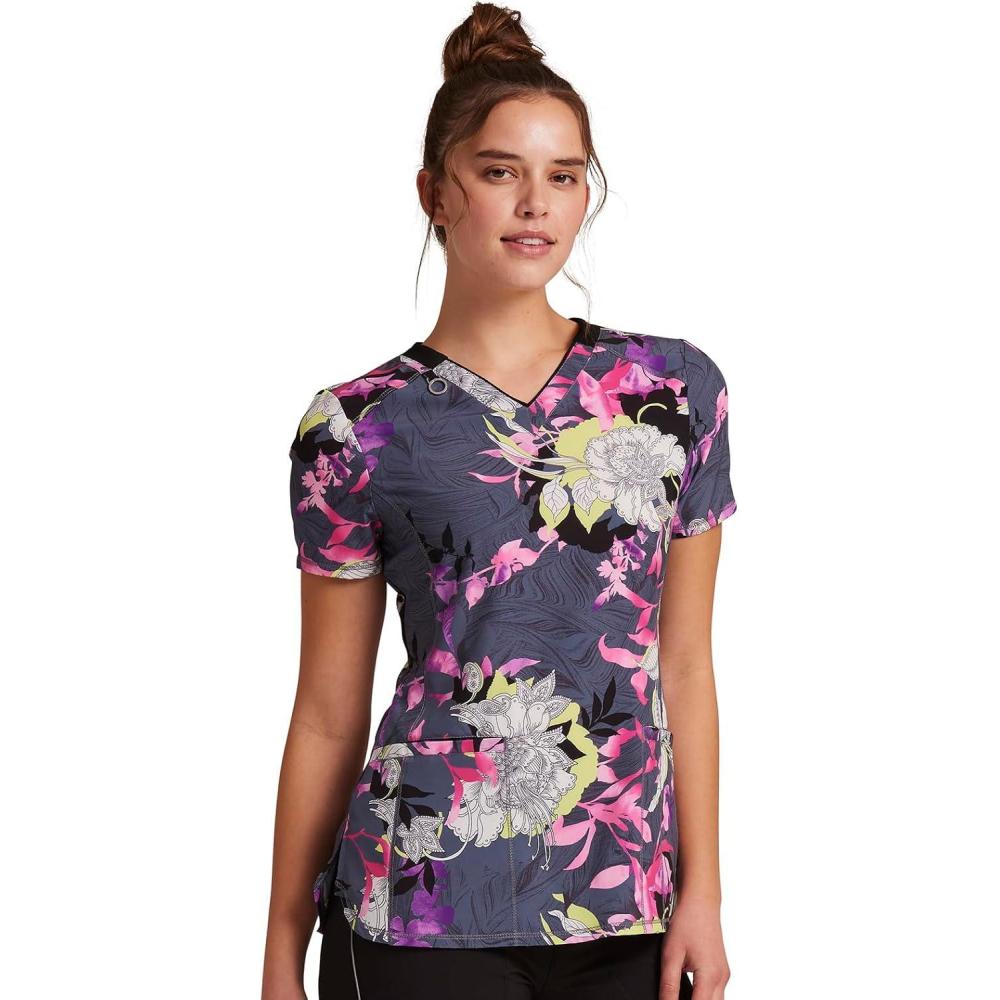 imageCherokee Infinity Womens VNeck Print Scrub Top with 2 Pockets RibKnit Insert Logo ORing Detail amp Shirttail Hem CK634Botanical Mashup