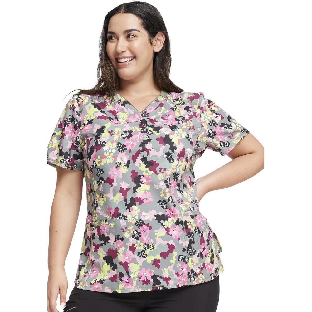 imageCherokee Infinity Womens VNeck Print Scrub Top with 2 Pockets RibKnit Insert Logo ORing Detail amp Shirttail Hem CK634Floral Camotion