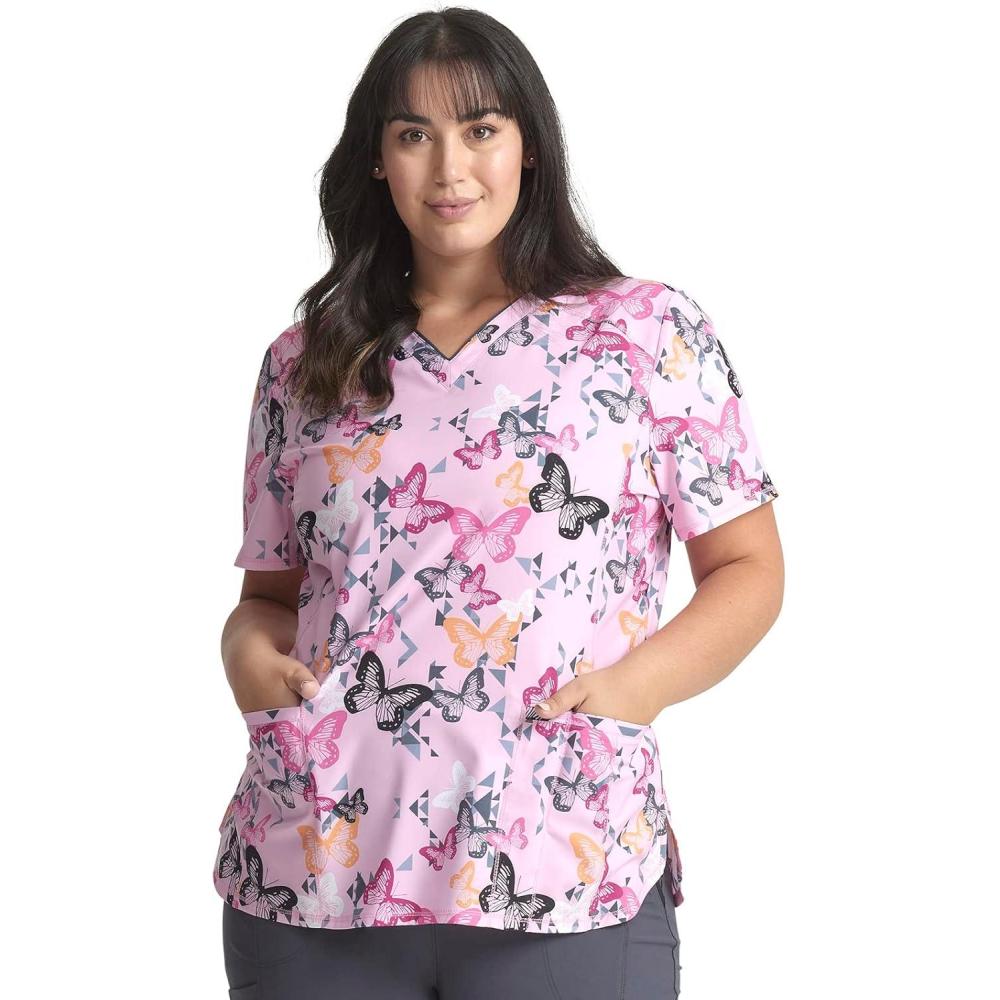 imageCherokee Infinity Womens VNeck Print Scrub Top with 2 Pockets RibKnit Insert Logo ORing Detail amp Shirttail Hem CK634Geo Flutter