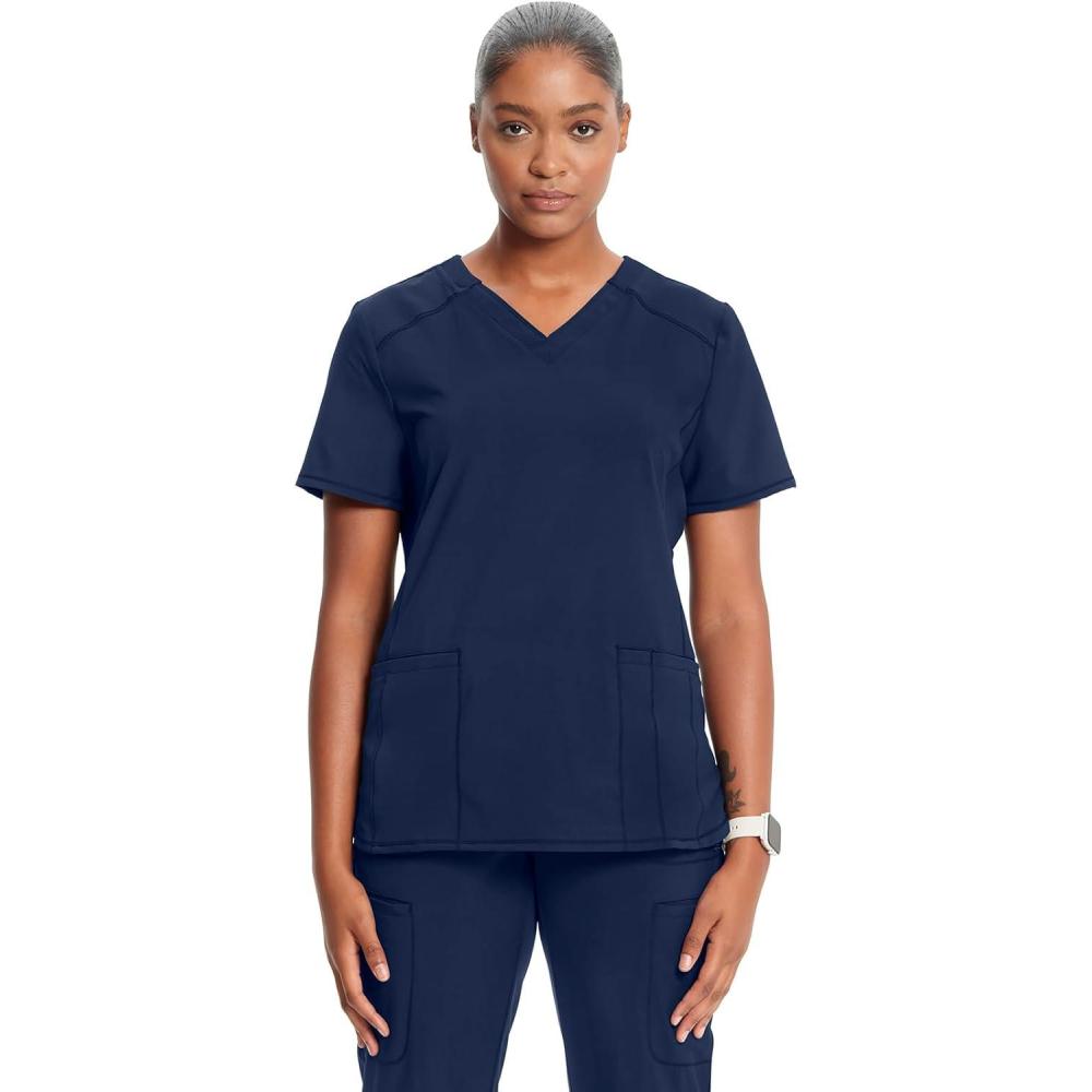 imageCherokee Infinity Womens VNeck Scrub Top Contemporary Fit 2 Pockets RibKnit Insert Side Vents 360 Stretch CK865ANavy