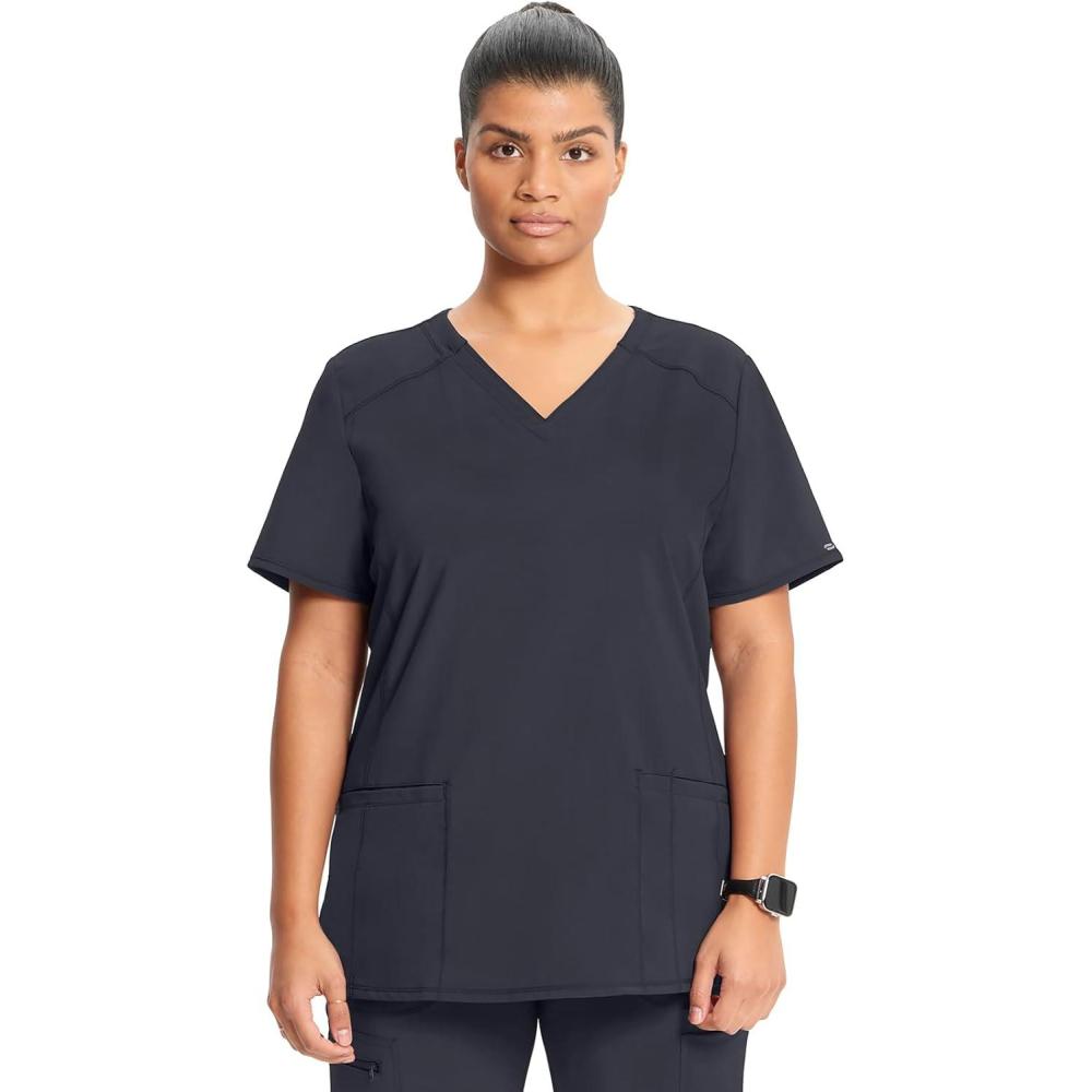 imageCherokee Infinity Womens VNeck Scrub Top Contemporary Fit 2 Pockets RibKnit Insert Side Vents 360 Stretch CK865APewter