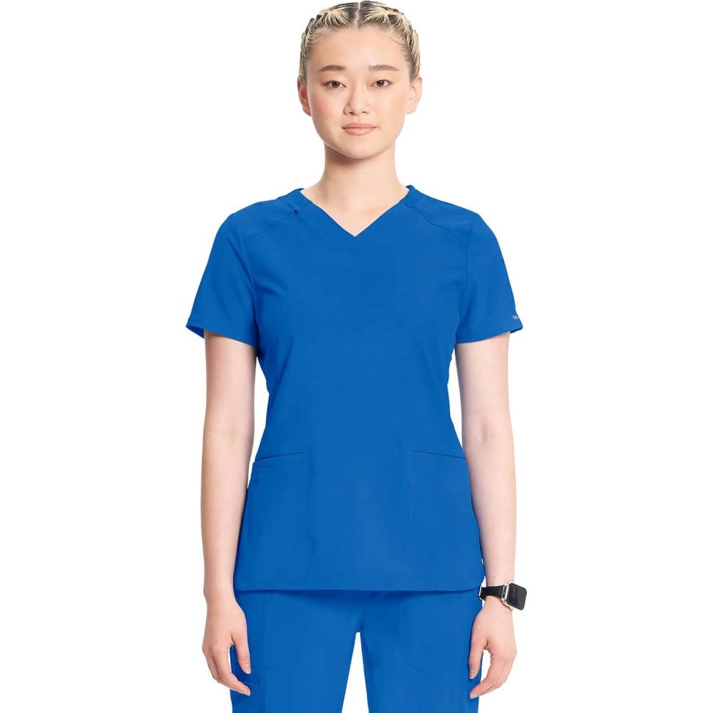 imageCherokee Infinity Womens VNeck Scrub Top Contemporary Fit 2 Pockets RibKnit Insert Side Vents 360 Stretch CK865ARoyal