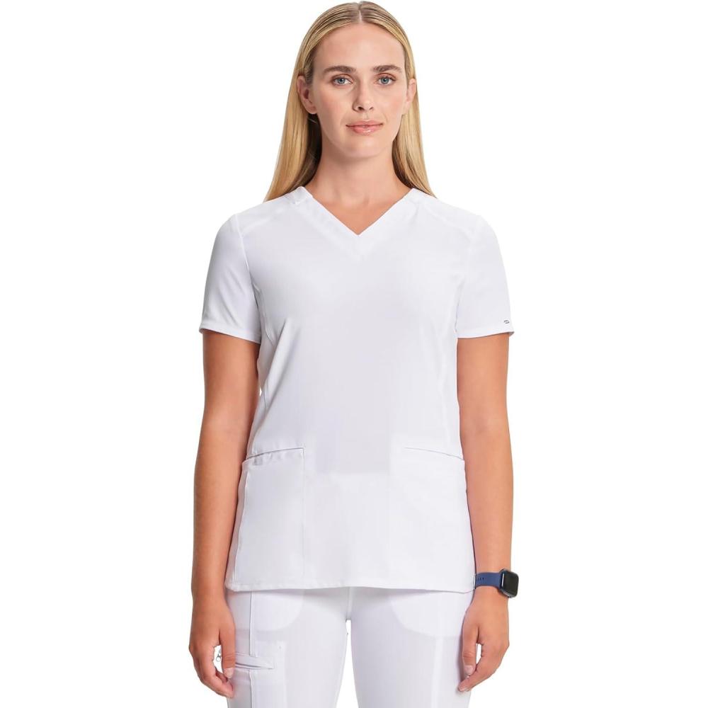 imageCherokee Infinity Womens VNeck Scrub Top Contemporary Fit 2 Pockets RibKnit Insert Side Vents 360 Stretch CK865AWhite