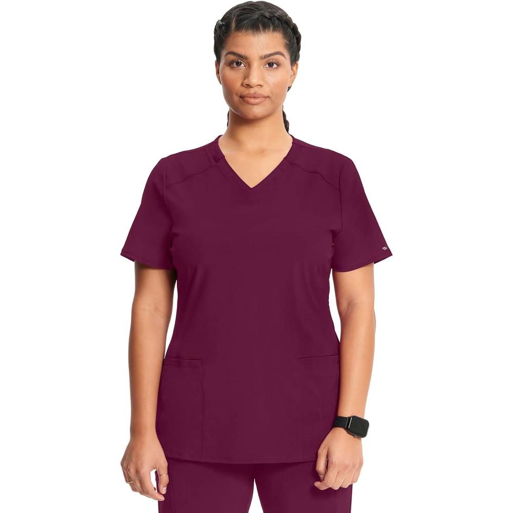 imageCherokee Infinity Womens VNeck Scrub Top Contemporary Fit 2 Pockets RibKnit Insert Side Vents 360 Stretch CK865AWine