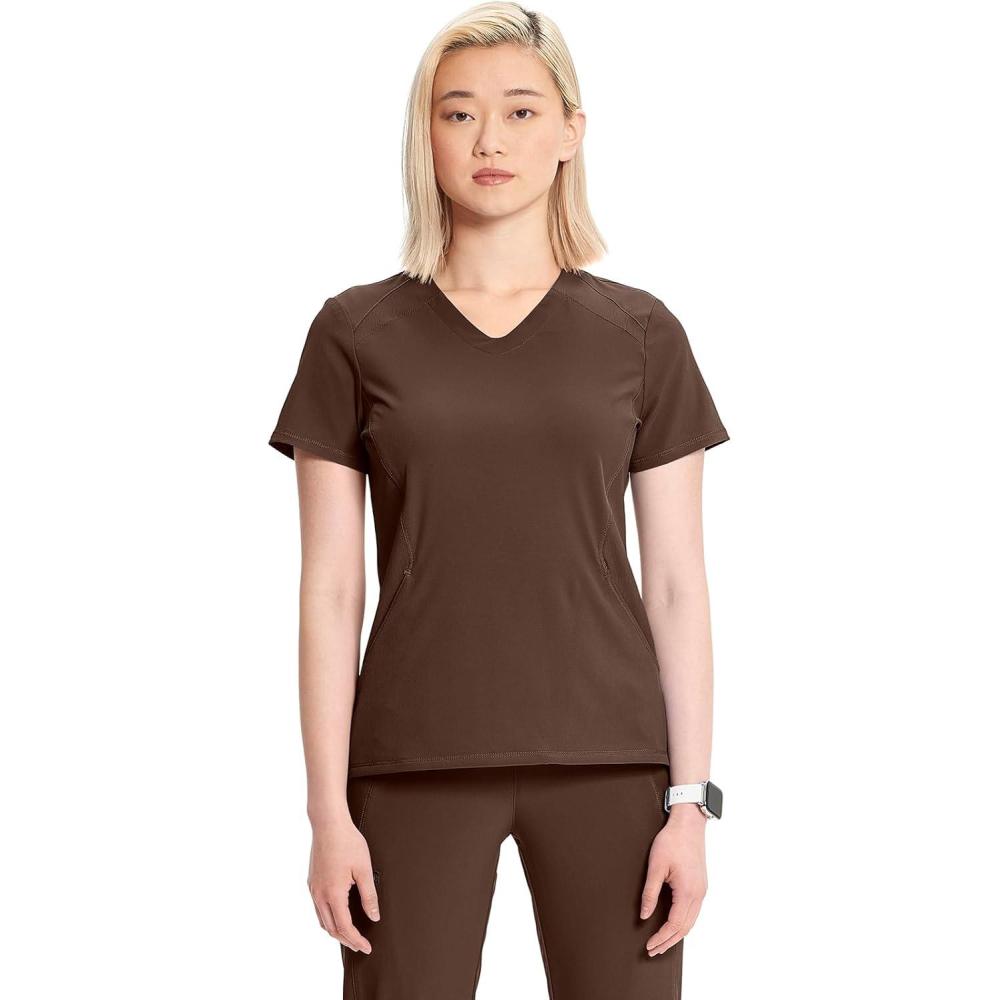 imageCherokee Infinity Womens VNeck Scrub Top Kangaroo Pocket HighLow Hem RibKnit Panels amp PROTX2 Technology IN620AEspresso Express