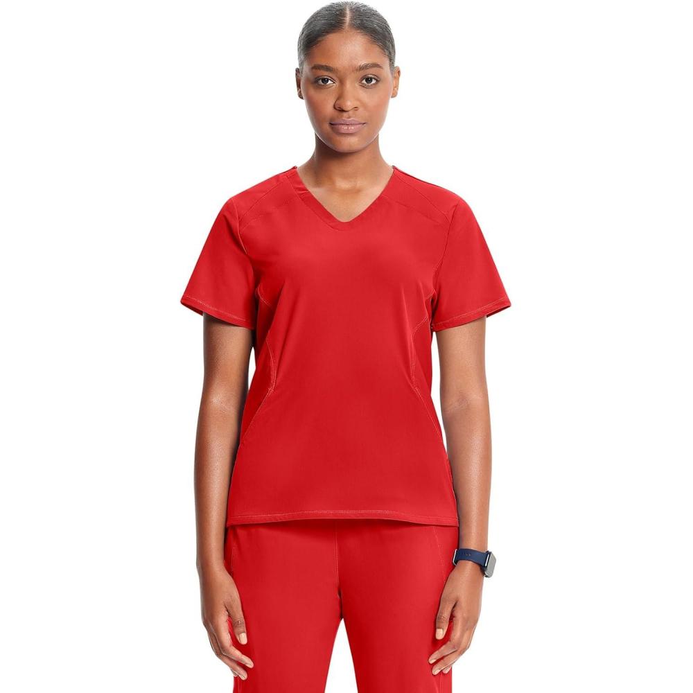 imageCherokee Infinity Womens VNeck Scrub Top Kangaroo Pocket HighLow Hem RibKnit Panels amp PROTX2 Technology IN620AFire Bird