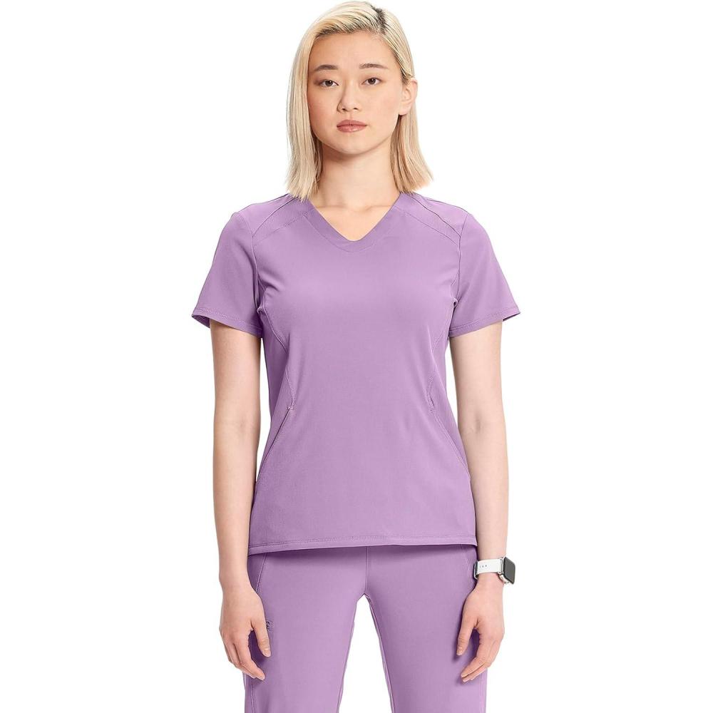 imageCherokee Infinity Womens VNeck Scrub Top Kangaroo Pocket HighLow Hem RibKnit Panels amp PROTX2 Technology IN620ALivewire Lilac