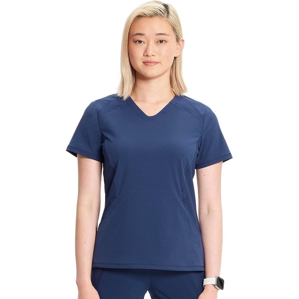 imageCherokee Infinity Womens VNeck Scrub Top Kangaroo Pocket HighLow Hem RibKnit Panels amp PROTX2 Technology IN620ANavy