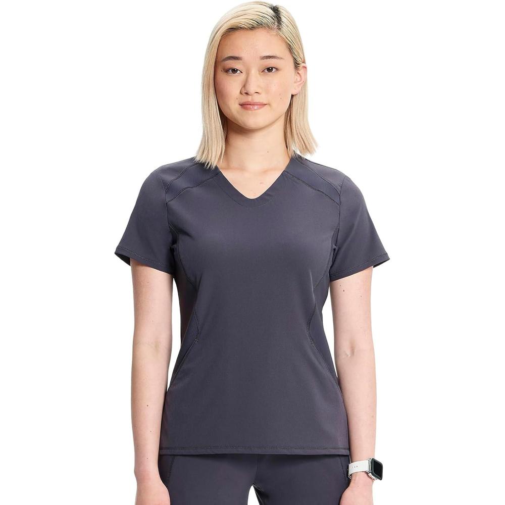 imageCherokee Infinity Womens VNeck Scrub Top Kangaroo Pocket HighLow Hem RibKnit Panels amp PROTX2 Technology IN620APewter