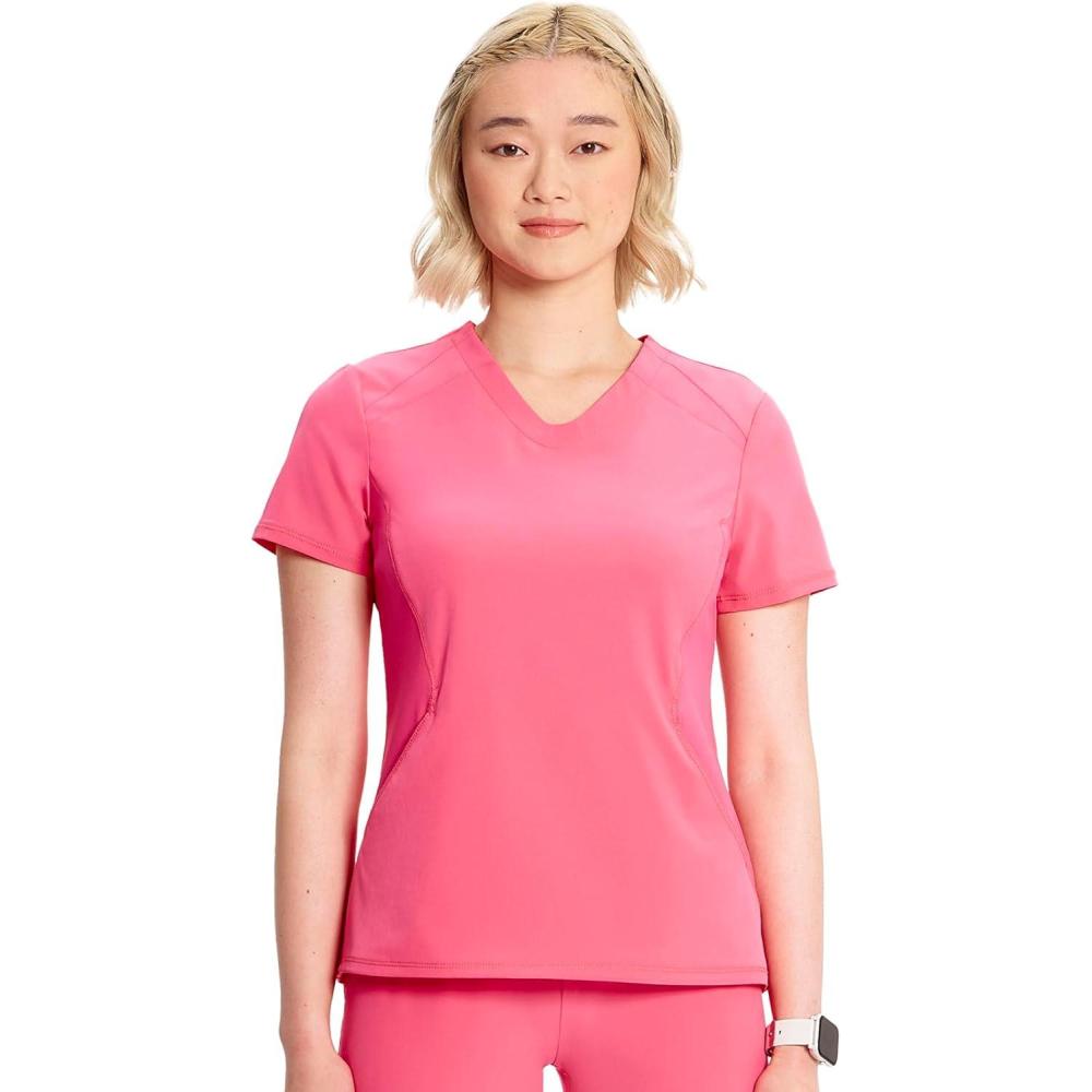 imageCherokee Infinity Womens VNeck Scrub Top Kangaroo Pocket HighLow Hem RibKnit Panels amp PROTX2 Technology IN620APower Pink