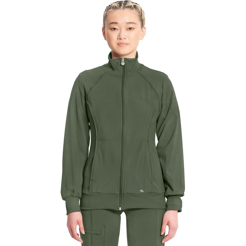 imageCherokee Infinity Womens Zip Front Jacket With 2 Pockets Contemporary Fit Back Shoulder Yokes amp Front Princess Seams 2391AOlive
