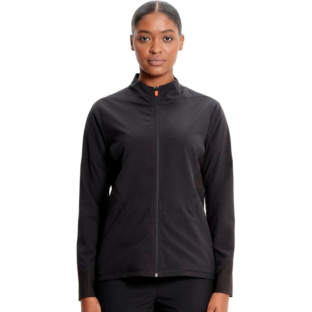 imageCherokee Infinity Womens Zip Front Scrub Jacket Contemporary Fit StandUp Collar 2 Pockets Back yoke seams IN320ABlack