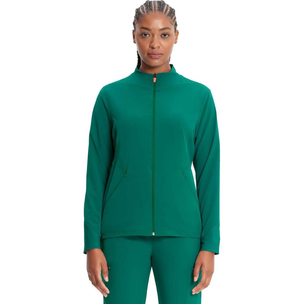 imageCherokee Infinity Womens Zip Front Scrub Jacket Contemporary Fit StandUp Collar 2 Pockets Back yoke seams IN320AHunter