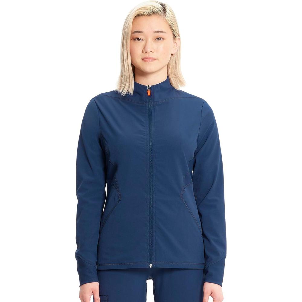 imageCherokee Infinity Womens Zip Front Scrub Jacket Contemporary Fit StandUp Collar 2 Pockets Back yoke seams IN320ANavy