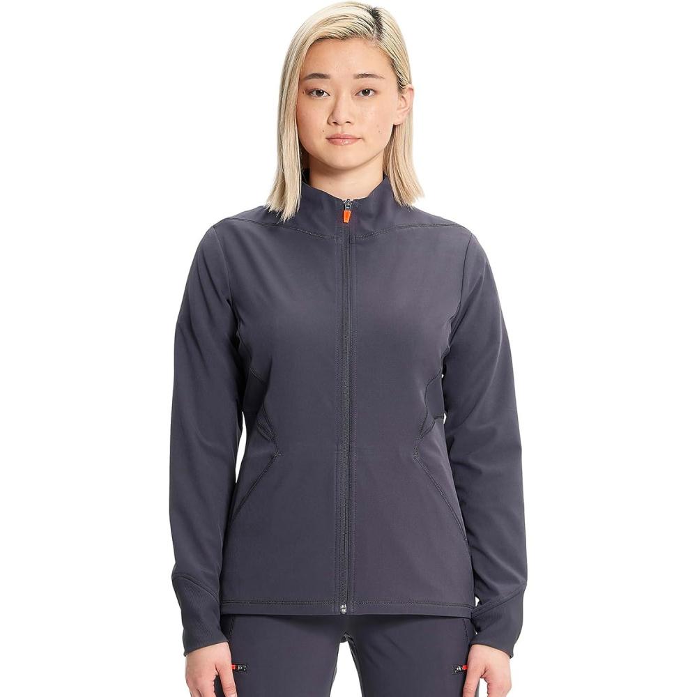 imageCherokee Infinity Womens Zip Front Scrub Jacket Contemporary Fit StandUp Collar 2 Pockets Back yoke seams IN320APewter