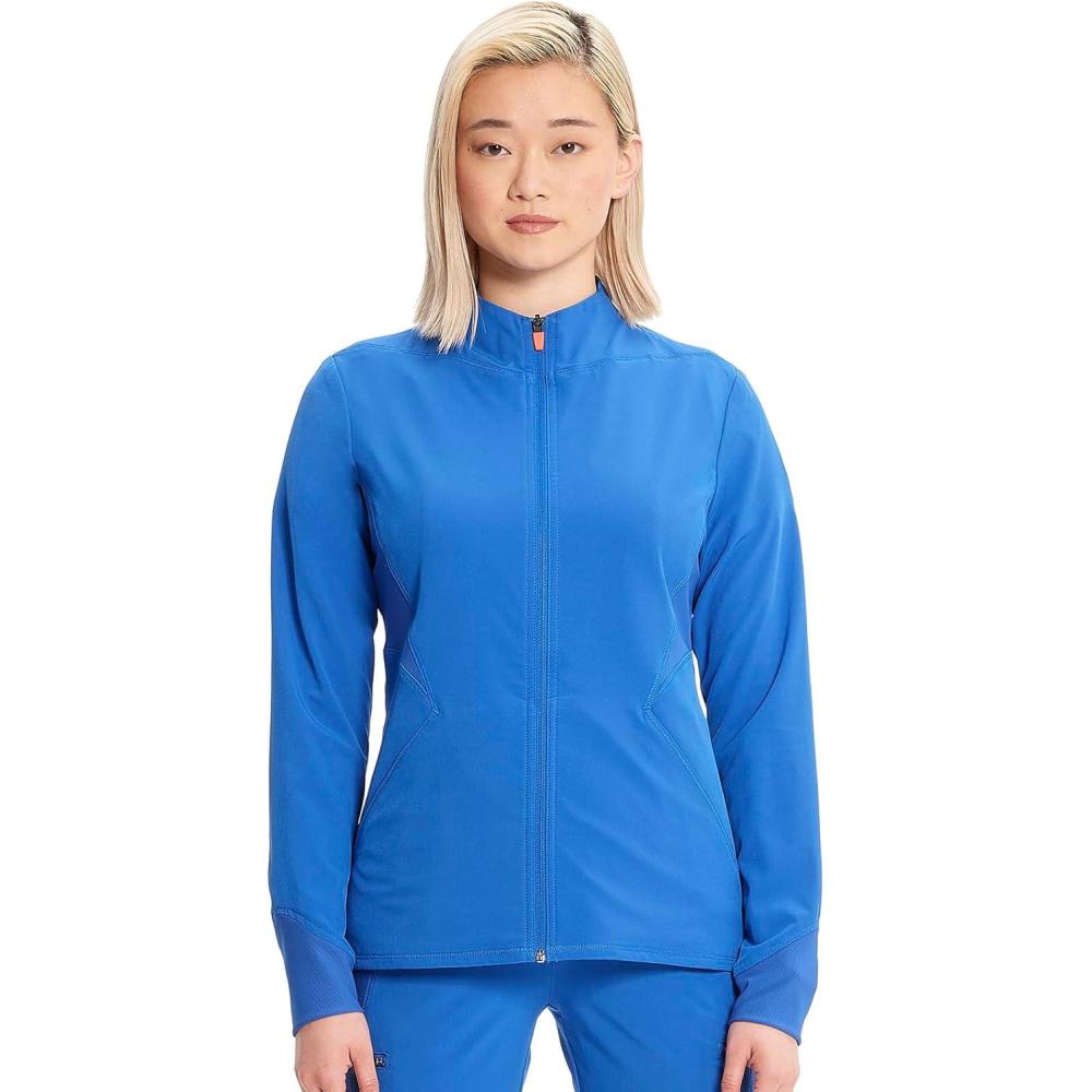 imageCherokee Infinity Womens Zip Front Scrub Jacket Contemporary Fit StandUp Collar 2 Pockets Back yoke seams IN320ARoyal