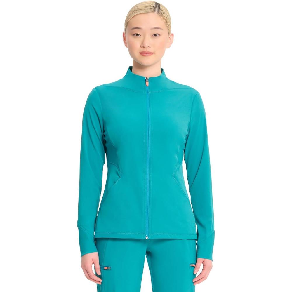 imageCherokee Infinity Womens Zip Front Scrub Jacket Contemporary Fit StandUp Collar 2 Pockets Back yoke seams IN320ATeal Blue