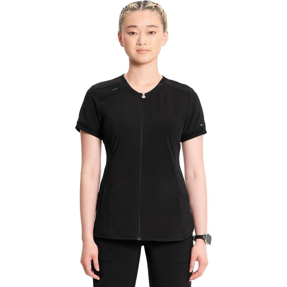 imageCherokee Infinity Womens Zip Front VNeck Scrub Top 4 Pockets Moisture Wicking WrinkleResistant 360 Stretch CK810ABlack