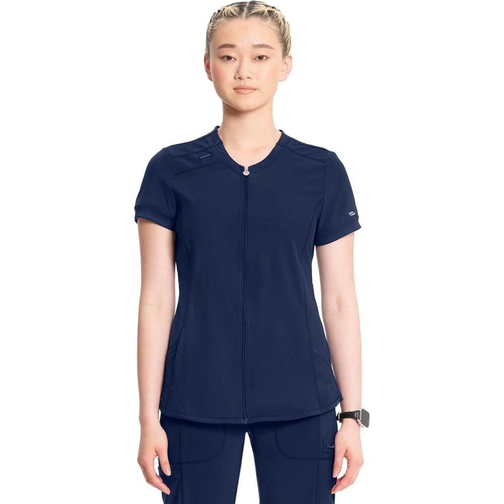 imageCherokee Infinity Womens Zip Front VNeck Scrub Top 4 Pockets Moisture Wicking WrinkleResistant 360 Stretch CK810ANavy