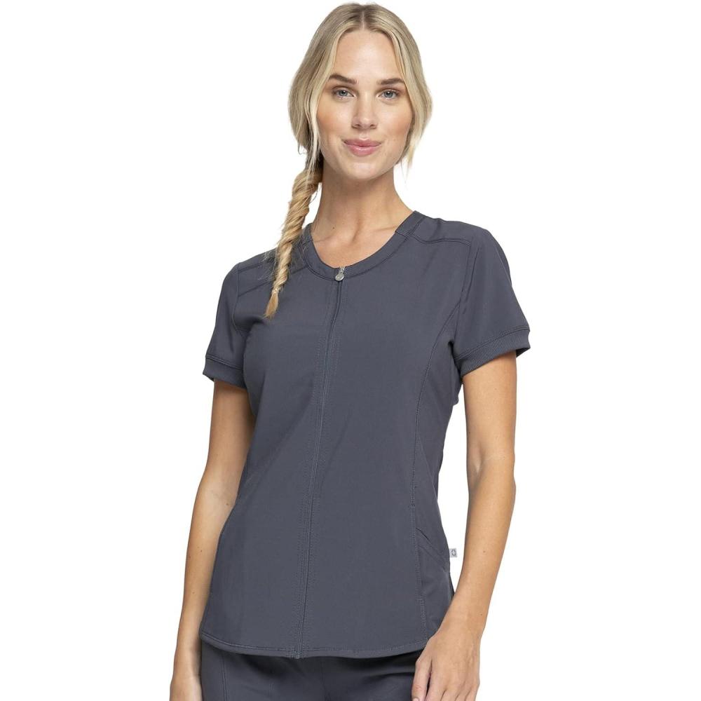 imageCherokee Infinity Womens Zip Front VNeck Scrub Top 4 Pockets Moisture Wicking WrinkleResistant 360 Stretch CK810APewter