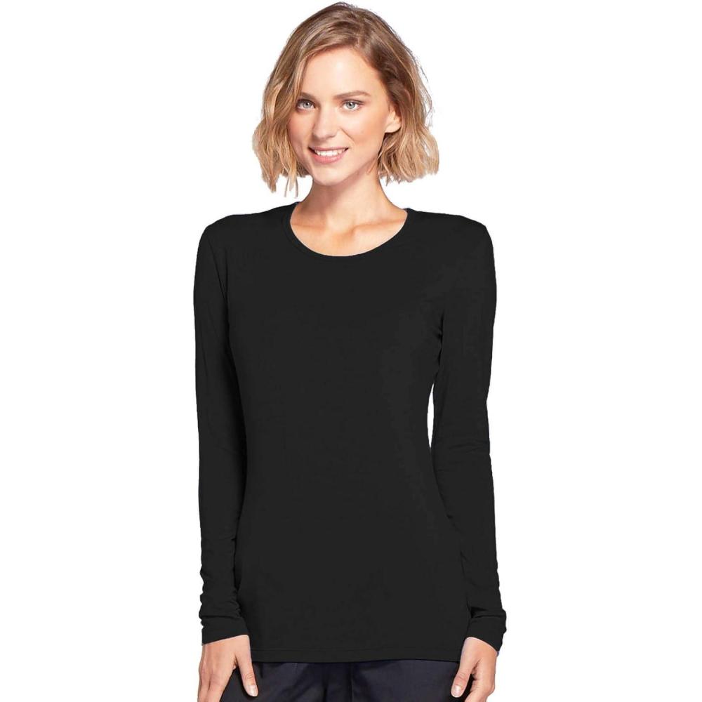 imageCherokee Long Sleeve Underscrub for Women Modern Classic fit Soft Crew Neck Knit Tee with 2Way Stretch 4881Black