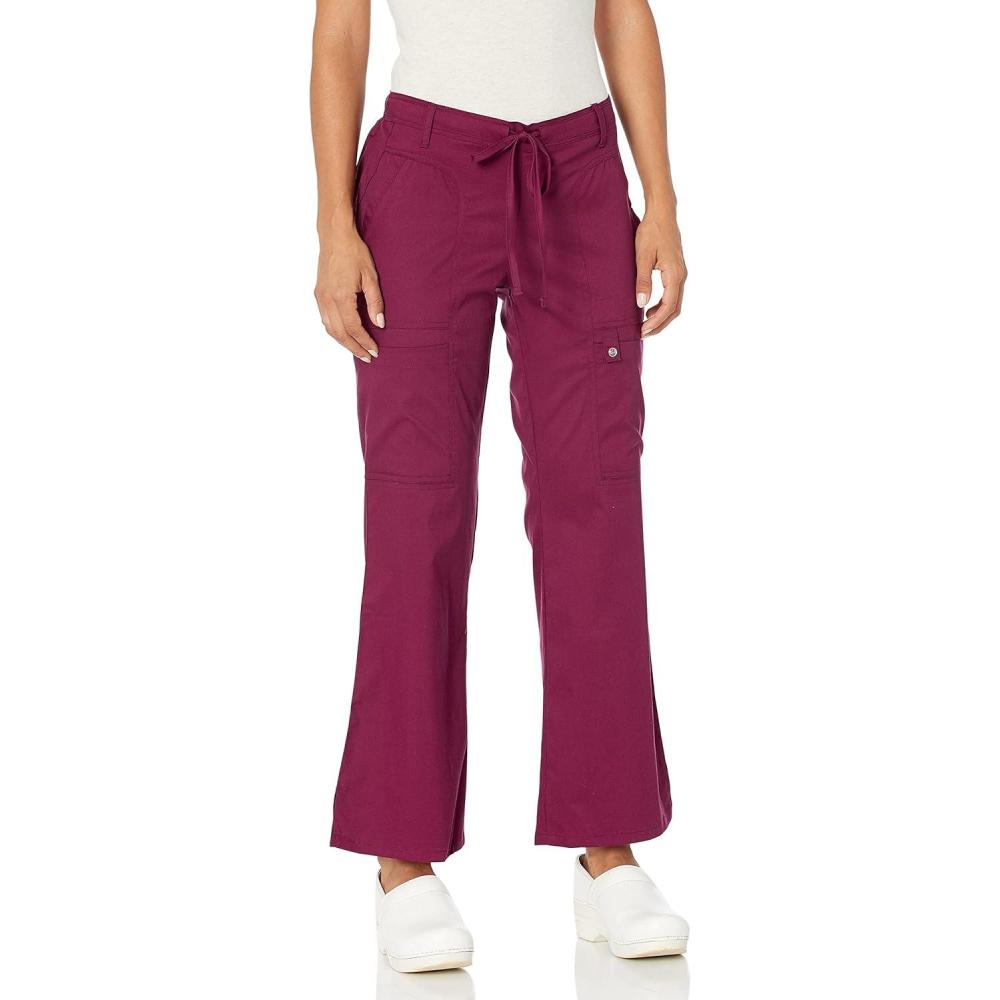 imageCherokee Luxe Women Scrubs Pant Low Rise Flare Leg Drawstring Cargo 21100Wine